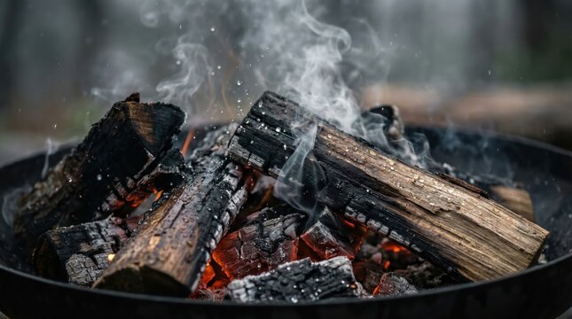Close-up of smoldering charcoal and logs with smoke rising in outdoor fire pit on a misty day