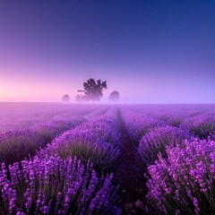 Obraz premium Lavender Field Under Foggy Sky at Dusk With Silhouetted Trees