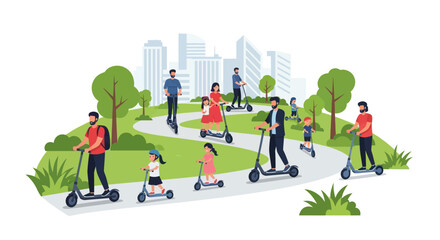 Diverse people riding electric scooters in a green city park with skyscrapers background © Senja