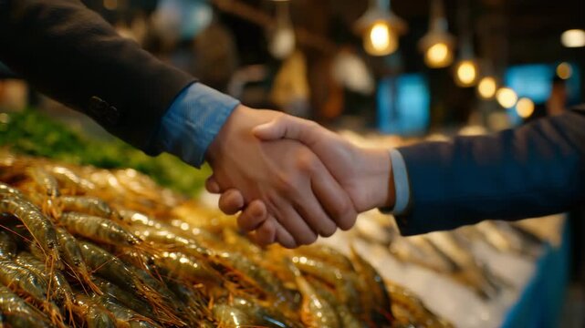 169Cinematic close-up of a handshake over a seafood display, silver fish, prawns and ice reflecting light, wholesale fish market business exchange
