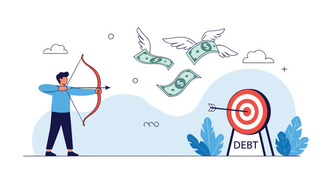 Skilled archer aims his bow and arrow at flying money while a target board labeled debt stands nearby.