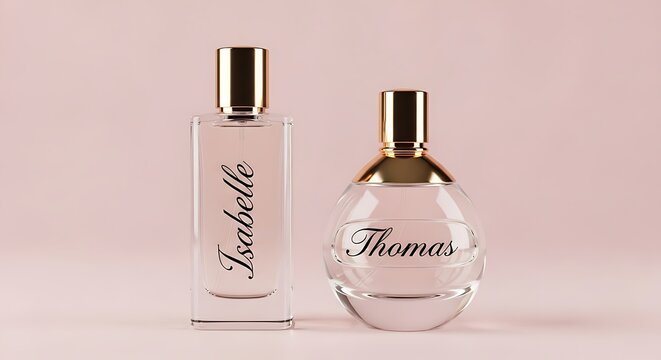 two elegant perfume bottles side by side, clear rectangular "Isabelle" bottle and round "Thomas" bottle with gold caps, soft pink background, luxury fragrance product shot