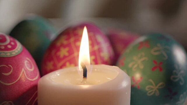 Easter Candle Flame Burning with Decorated Eggs in Background