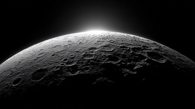 Lunar landscape macro close-up, crater and rough regolith texture, deep dark space, strong side light elongating shadows, sharp details, astrophotography, high contrast, clean