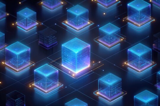 Luminous geometric data cubes illuminated with neon blue and purple