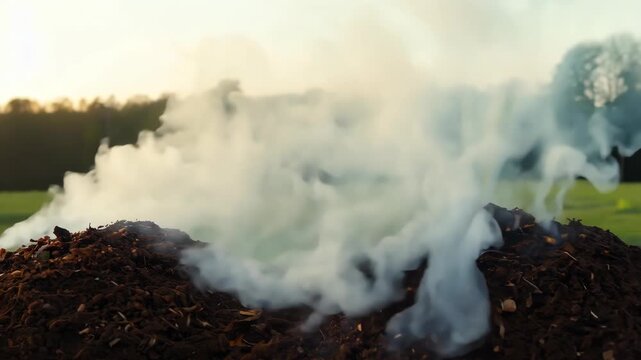 Smoke rising from two compost piles in a lush green field during sunset, showcasing the natural decomposition process in a serene outdoor environment