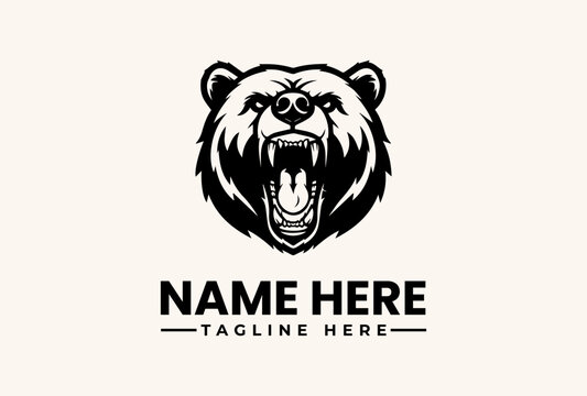 A black and white illustration of a bear's head with an open mouth on a beige background, accompanied by placeholder text for a logo or brand name and tagline, in a vector graphic style.