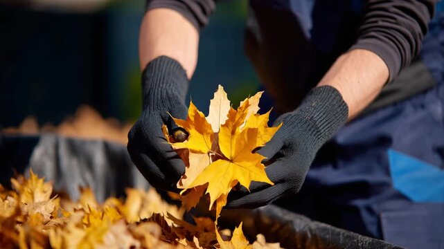238Hands in gloves grabbing a handful of bright fall leaves, black bag ready for yard cleaning, sunlight highlighting leaf veins and textures