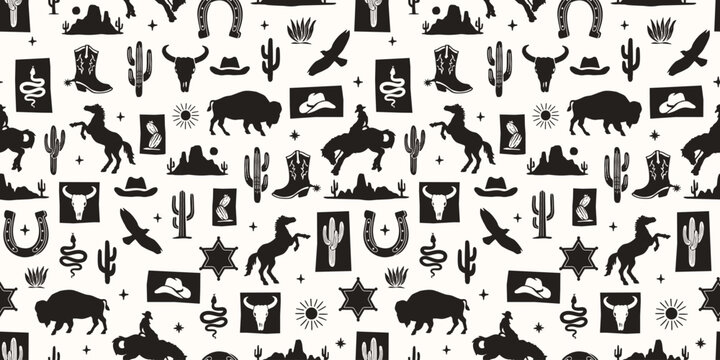 Western Themed Vector Seamless Pattern. Cactus, Cowboy Seamless Repeat Design. Boho Seamless Pattern.