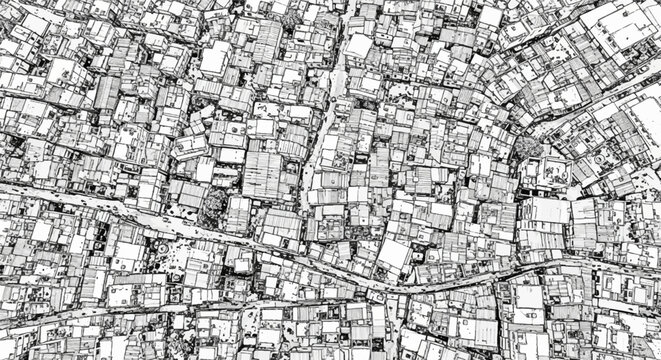 Aerial sketch of a dense urban settlement with narrow streets