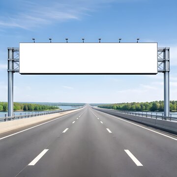 Blank Horizontal Billboard Mockup over Multi-Lane Highway Bridge with Blue Sky Background
