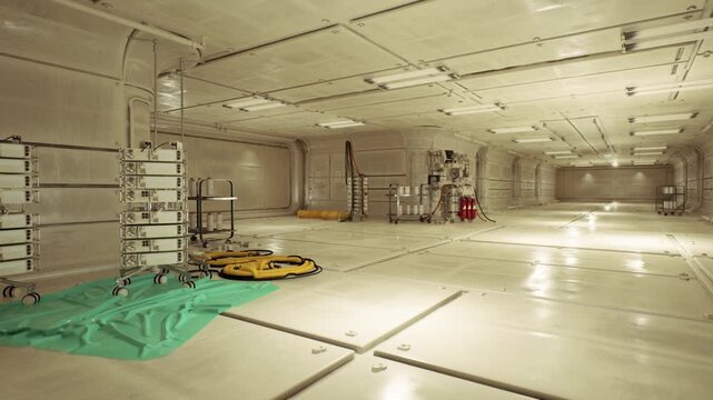 Spacious workshop area with hoses reels and heavy equipment, toolbox and service bench present, practical maintenance atmosphere, high contrast lighting.