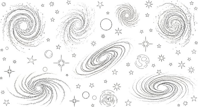 Collection of stylized galaxies, planets, and stars in a cosmic pattern
