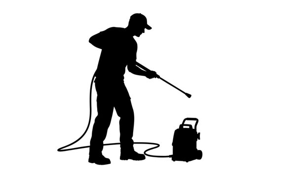 Professional man using a pressure washer for cleaning service silhouette
