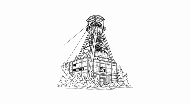 Sketch of an old, weathered mining headframe surrounded by foliage