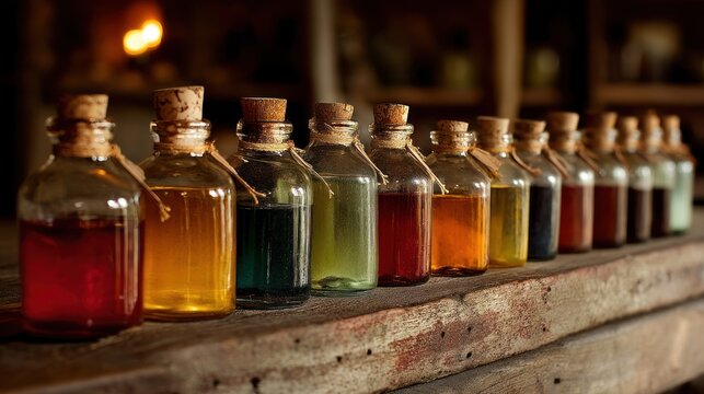 Row of colorful liquid filled apothecary bottles