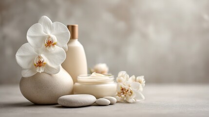 Obraz premium Elegant skincare spa concept still life, premium beauty products, soft natural light feeling, shallow depth of field f/4.0, clean neutral background, calm healing atmosphere, commercial advertising as