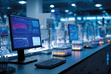 Naklejka premium Advanced laboratory monitors display complex scientific data