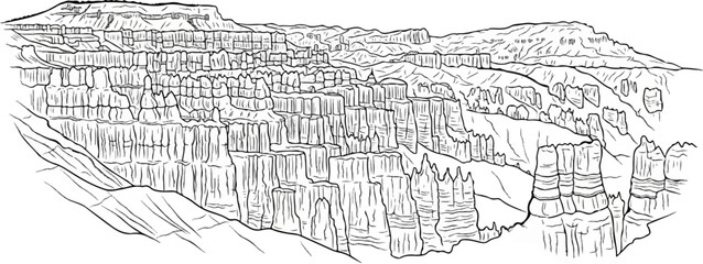 Fototapeta premium Detailed line drawing of towering hoodoos and layered rock formations under a wide sky