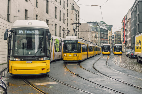 Modern yellow Bombardier Flexity Berlin trams operating in Berlin, Germany. 