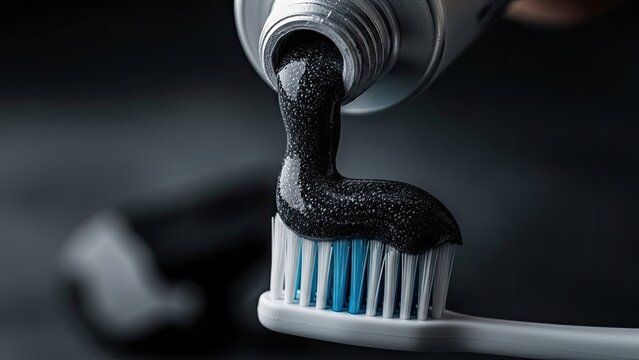 A close-up shows black paste being squeezed onto a toothbrush with blue bristles