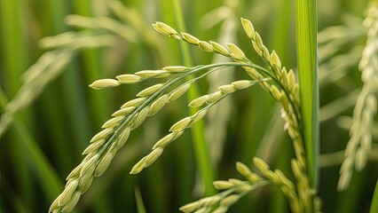 Naklejka premium Close-up of rice plant with light green grains and leaves in a sunny field