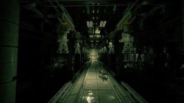 Secure server aisle under green light, long rows of racks with blinking LEDs, cooling ducts and dense cabling, atmosphere of precision operations