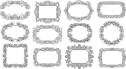 Ornate decorative borders and frames in vintage illustration style