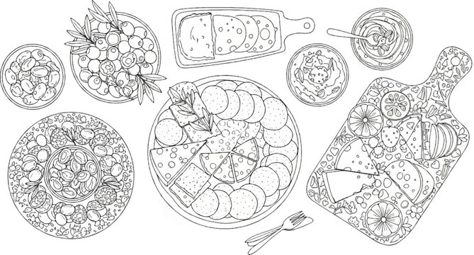 Overhead view of a delightful assortment of cheeses, olives, and antipasti on platters