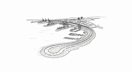Sketch of a coastal city with a harbor, cranes, ships, and a winding road