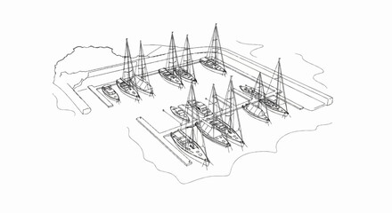 Fototapeta premium A sketch of a busy marina filled with sailboats and small motorboats