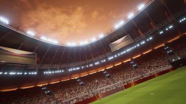 Sunset Drone Flight Circles Soccer Stadium During Major Event. Aerial Orbital Cinematic Flyover. Football Tournament, Cup Broadcast. Sport Channel Network Television Playback, Screen Content