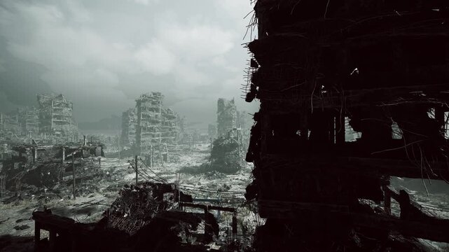 cracked skyline framed by ruined structures and vertical carcass of tower, stark contrast of concrete and sky highlighting structural collapse silence,
