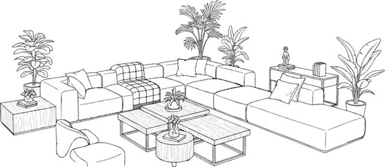 Obraz premium A modern sectional sofa with plants and tables in a minimalist sketch