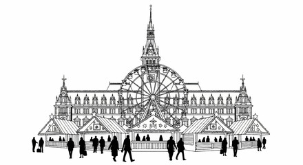 Obraz premium Detailed line drawing of a Ferris wheel and market stalls in front of a grand building