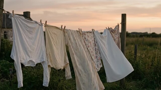 Clothing hanging on a clothesline outdoors at sunset in a rural landscape, showing movement in the breeze, vintage aesthetic.