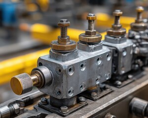 Detailed Close-up of Industrial Metal Hydraulic Valve Blocks with Brass Adjustment Screws and Steel Bolts on a Manufacturing Assembly Line in a Modern Engineering Factory for Technical Production