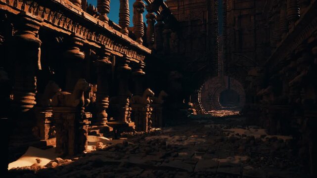 sunlit ruined arcade lined with pillars, warm golden light casting long shadows across rubble, open circular gate visible at far end, treasure hunter scanning