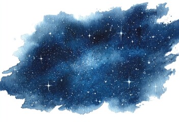 Watercolor rendering of a starry galaxy. The celestial scene features stars on blue & white wash