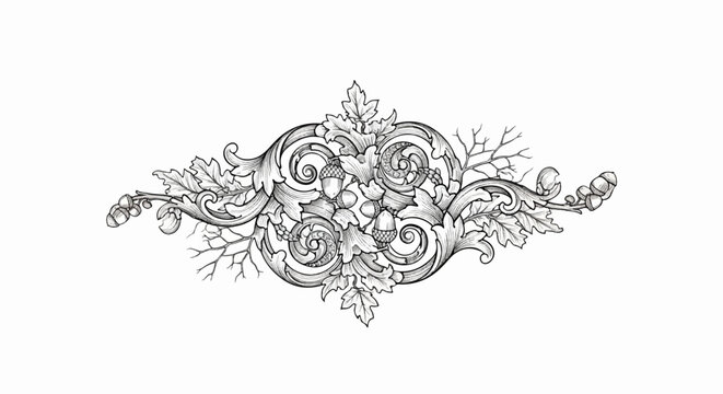 Intricate hand-drawn illustration of oak leaves, acorns, and swirling baroque scrollwork