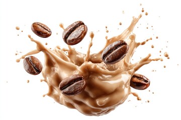Coffee beans bursting from a splash of milky, creamy, liquid, with a white background