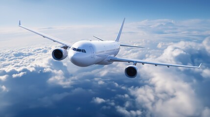 Obraz premium Commercial airplane flying above clouds in clear blue sky 
