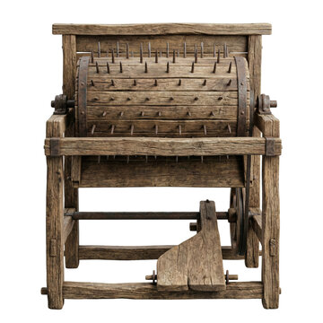 Vintage wooden agricultural thresher machine on black background
