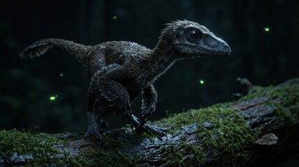 Obraz premium Realistic velociraptor hatchling in lush jungle setting with glowing fireflies at nighttime