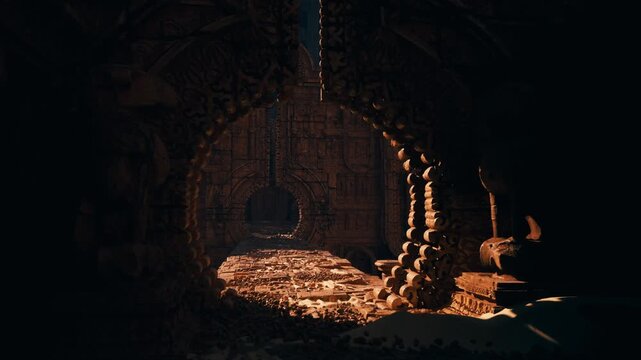 dark temple interior lit by lantern, circular stone arch framing sunbeam over rubble path, carved reliefs and mosaics, archaeologist inspecting relics, urban