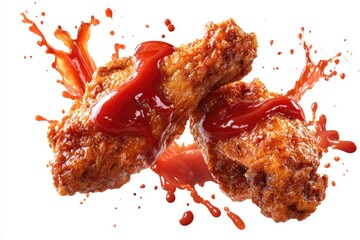 Two crispy fried chicken wings are splashed with bright red sauce against a white background