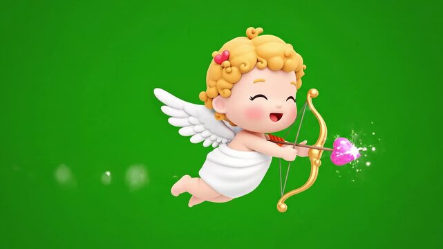 Cute flying cupid angel shooting glowing heart arrow isolated on green screen, romantic Valentine concept, adorable 3D cartoon character for chroma key VFX compositing