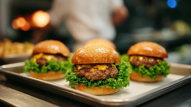 Close-up of freshly prepared gourmet burgers on a metal serving tray, juicy beef patties with melted cheese, crisp lettuce and glossy brioche buns, warm restaurant lighting