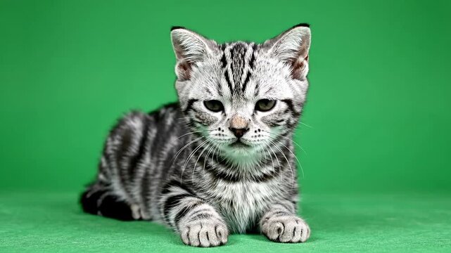 Cute silver tabby kitten looking at camera isolated on green screen background, adorable baby cat portrait for chroma key VFX compositing