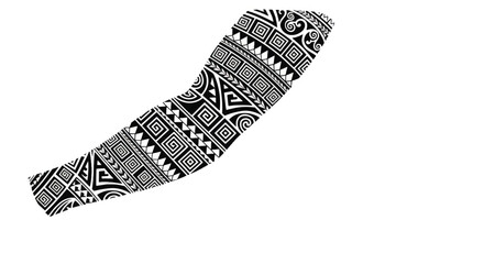 Black and white tribal boomerang with geometric patterned carving.